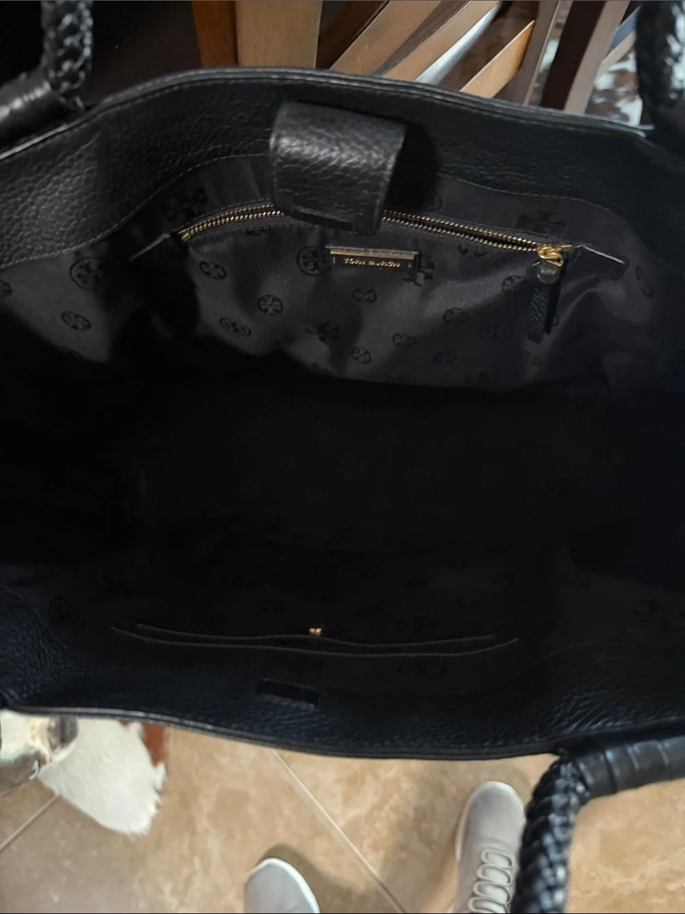 Tory Burch Black Pebbled Leather Tote with Braided Handles